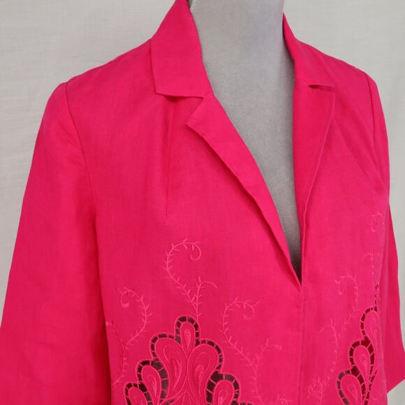 Chicos Jacket 0 Womens 4 Small Linen Pink Embroidered Cut Outs Open Lightweight - Picture 6 of 16